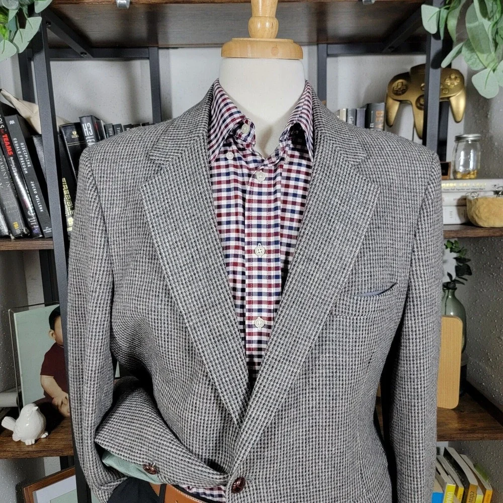 VTG Stafford Men's Tweed Blazer Jacket Two Button Gray‎ Pure Wool Size 46R